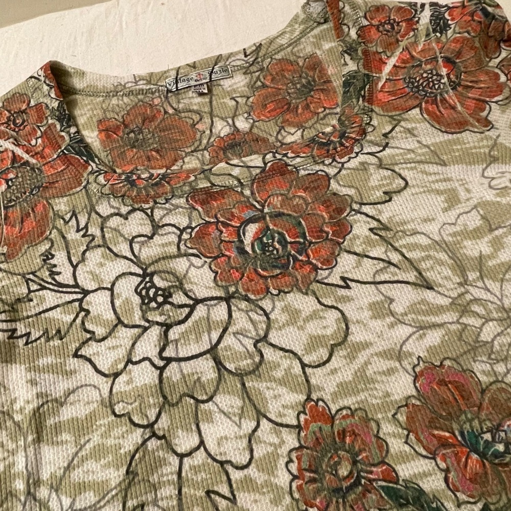 Vintage Suzie Petite‎ Floral Print Long Sleeve Top PM Made in USA Waffle